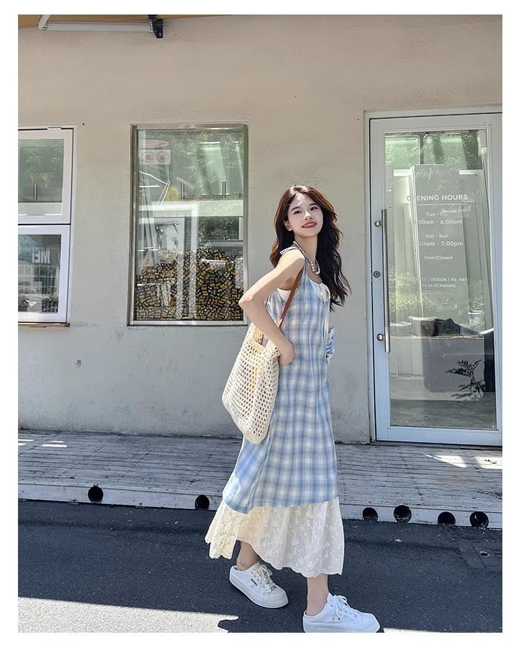 大人かわいい服 チェック柄キャミソールレース切替ワンピース