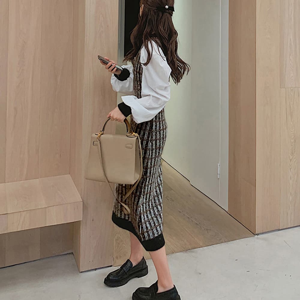 大人かわいい服 パフスリーブ 袖異素材 ニットワンピース