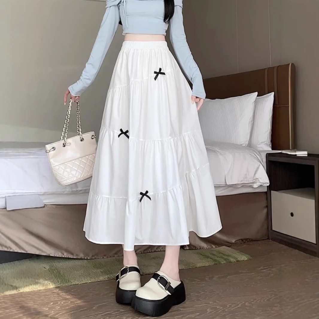 大人かわいい服 小さなリボン ティアード ロングスカート