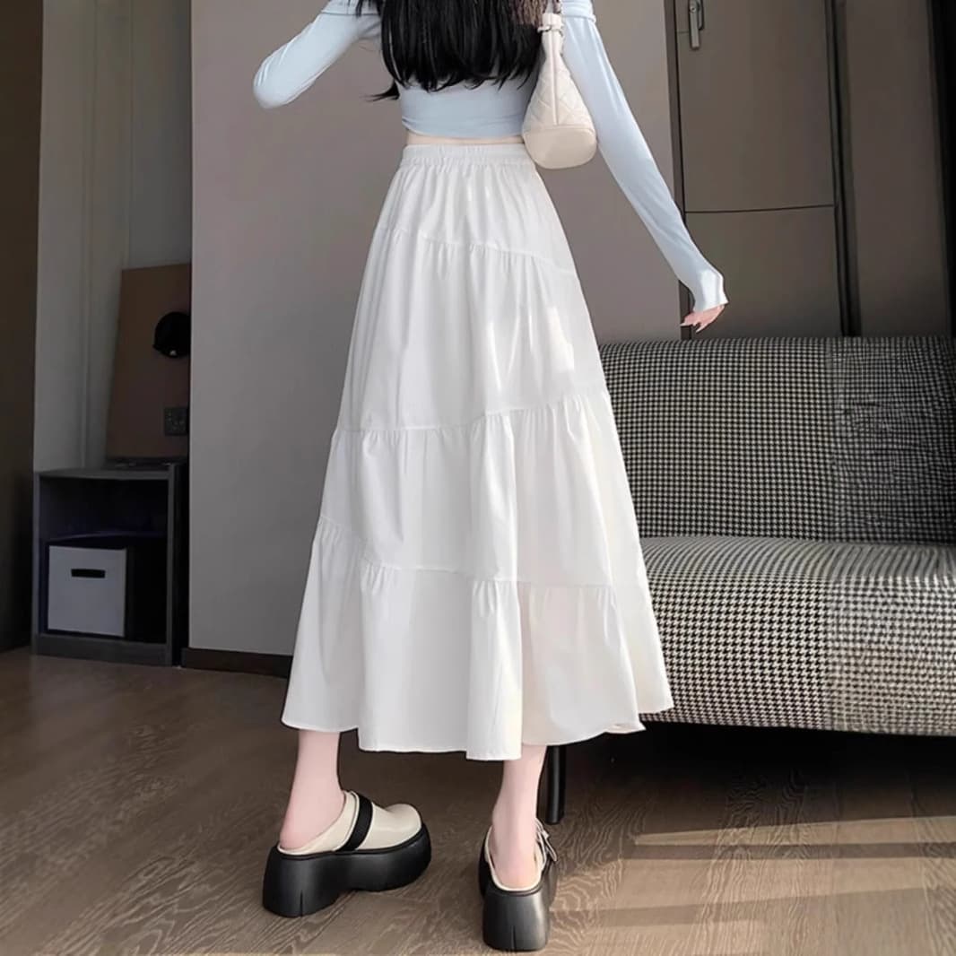大人かわいい服 小さなリボン ティアード ロングスカート