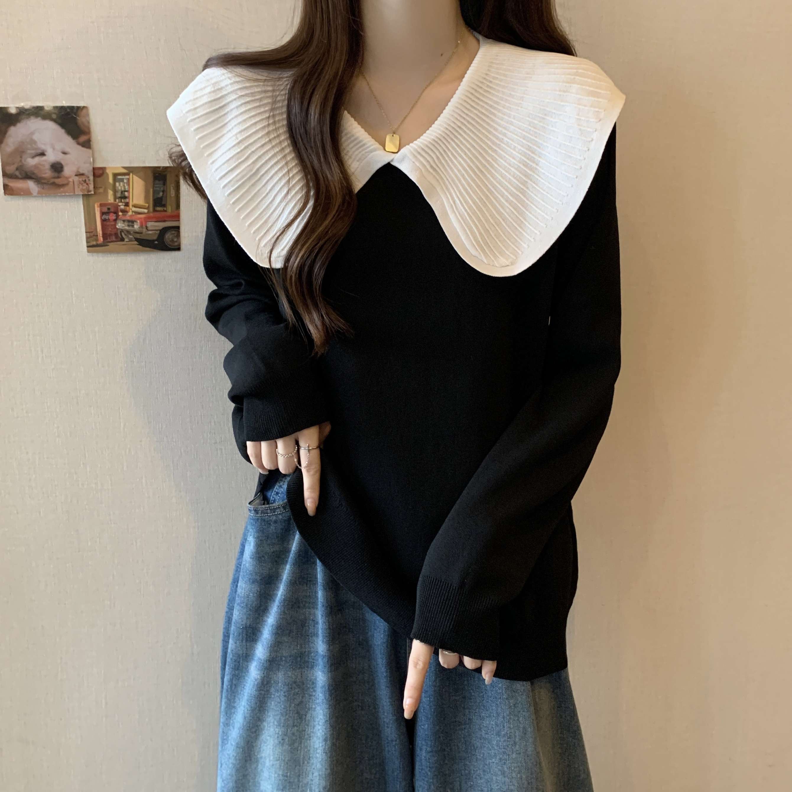 大人かわいい服 襟プリーツゆったりニットトップス
