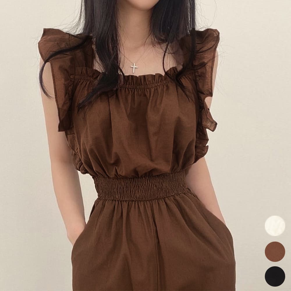 大人かわいい服 フリル袖ワンピース風つなぎパンツドレス