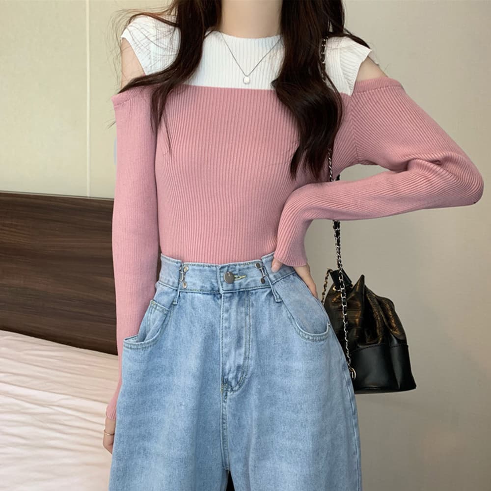 大人かわいい服 肩見せバイカラーリブニットトップス