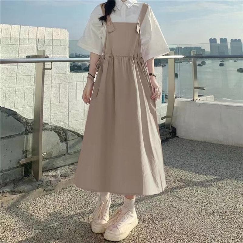 大人かわいい服 レトロ風シャツ×サロペットワンピース