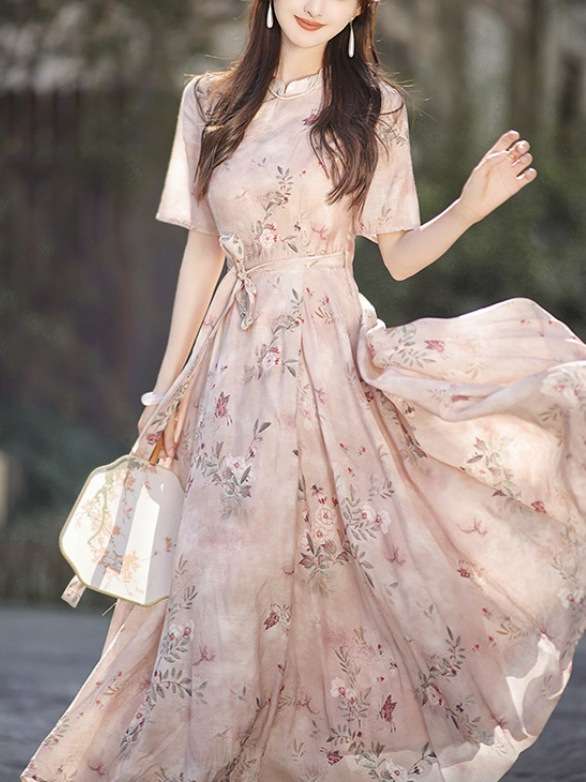 大人かわいい服 繊細花柄シフォン ワンピース