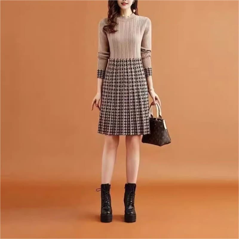 大人かわいい服 チェックプリーツ切替リブワンピース
