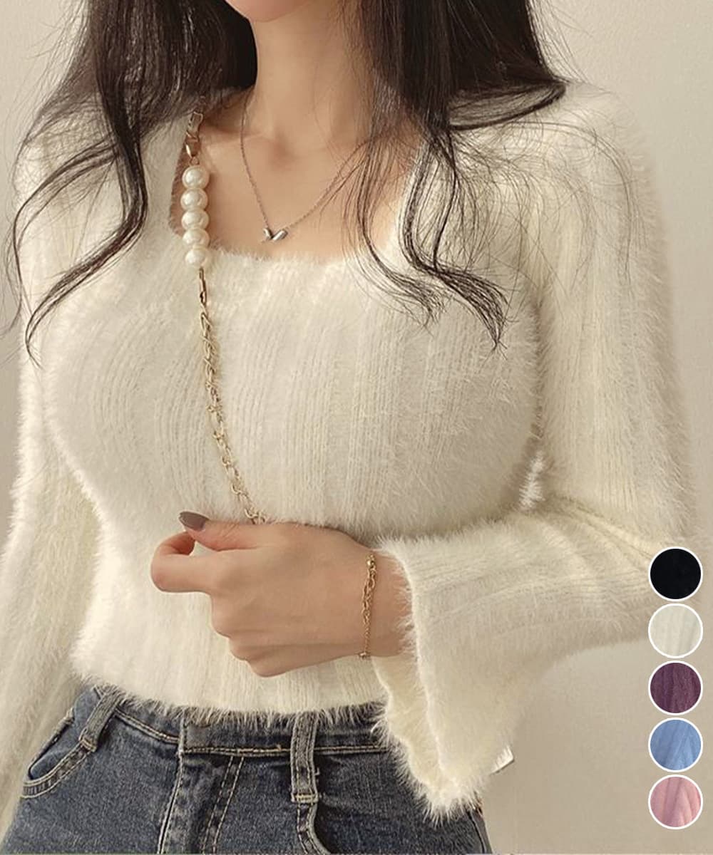 大人かわいい服 ふわシャギー ショート丈ニットトップス