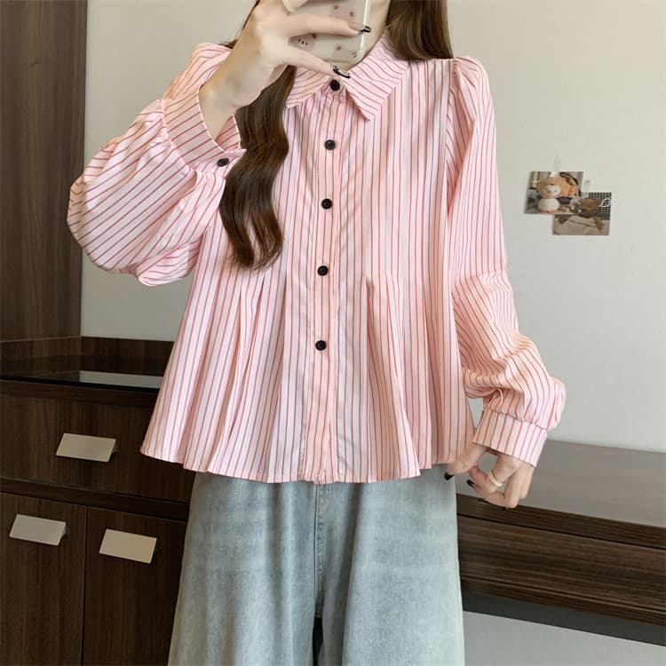 大人かわいい服 ストライプギャザー フレアブラウス