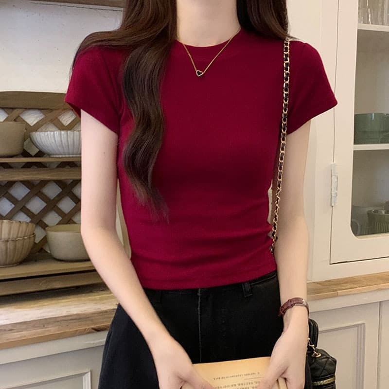 大人かわいい服 リブ編みフィット半袖トップス