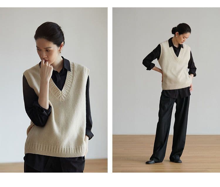 大人かわいい服 深めブイネックニットベスト