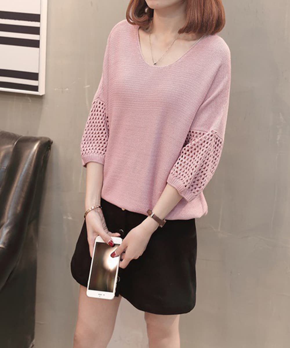 大人かわいい服 透かし袖サマーニットトップス 涼しげVネック