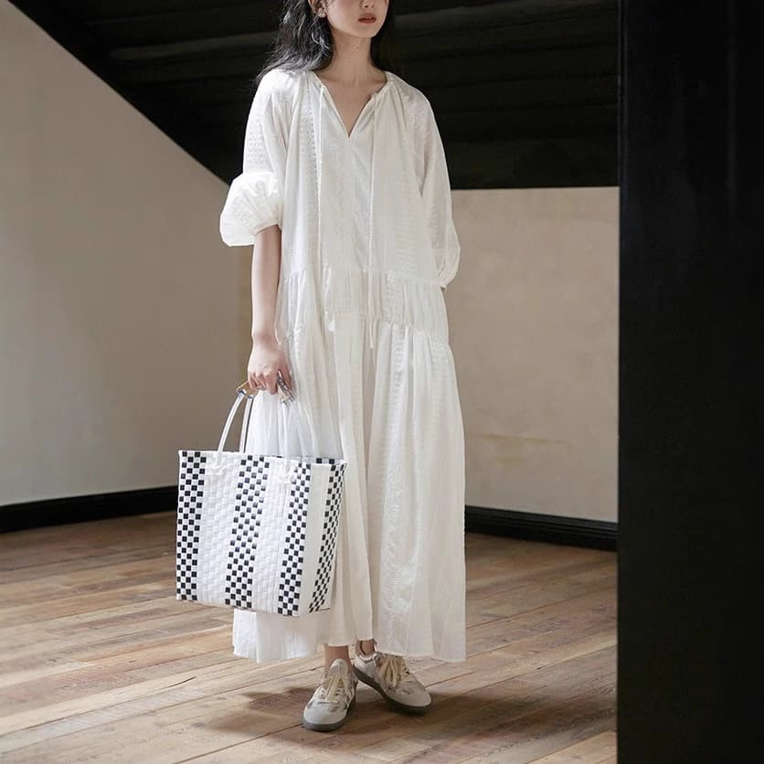 大人かわいい服 フレンチシックリボン＆ギャザーロングワンピース