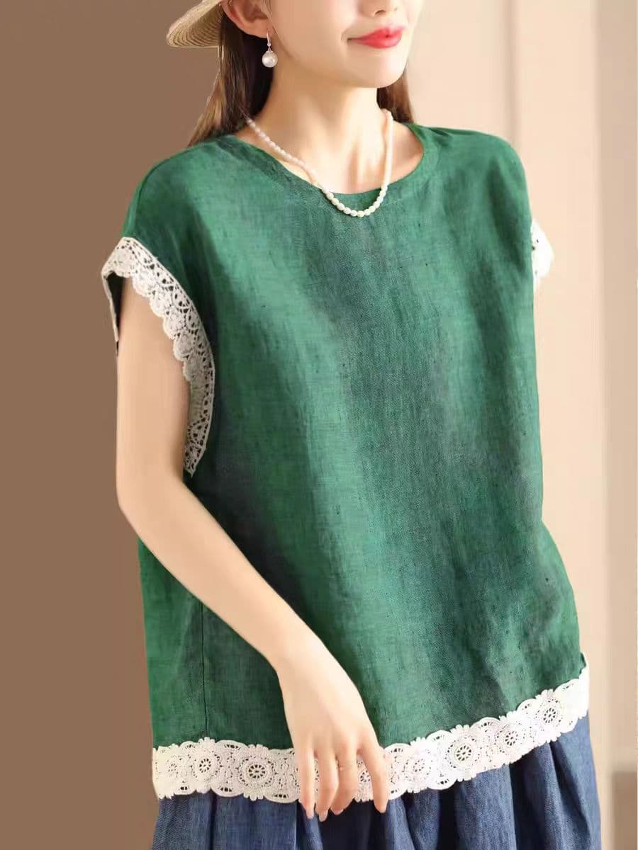 大人かわいい服 レース縁取りリネン風ゆったりブラウス
