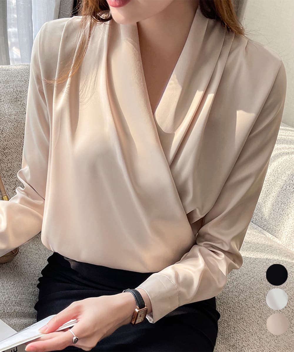 大人かわいい服 とろみ素材 カシュクール シャツブラウス