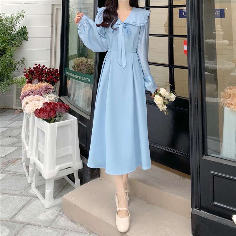 大人かわいい服 フリルカラーリボンワンピース