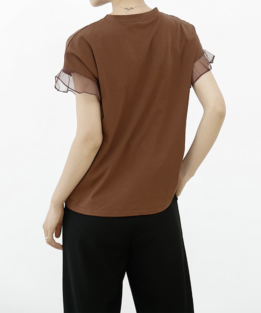 大人かわいい服 シアー袖トップス チュール切替えカットソー