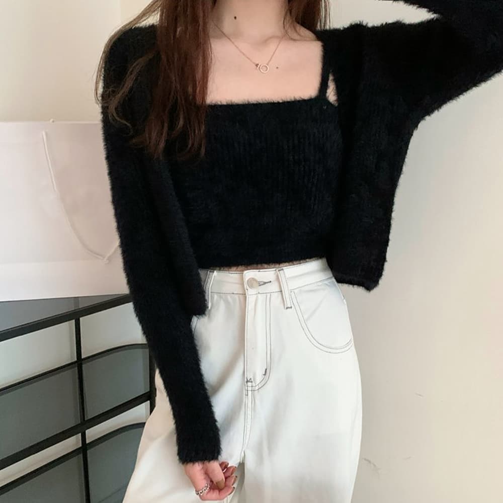 大人かわいい服 ふわもこニットカーディガン キャミソールセット 全5色