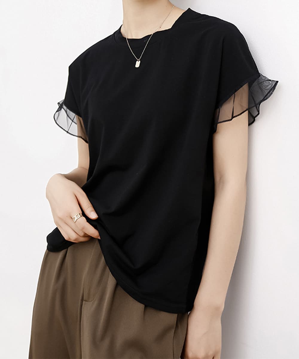 大人かわいい服 シアー袖トップス チュール切替えカットソー