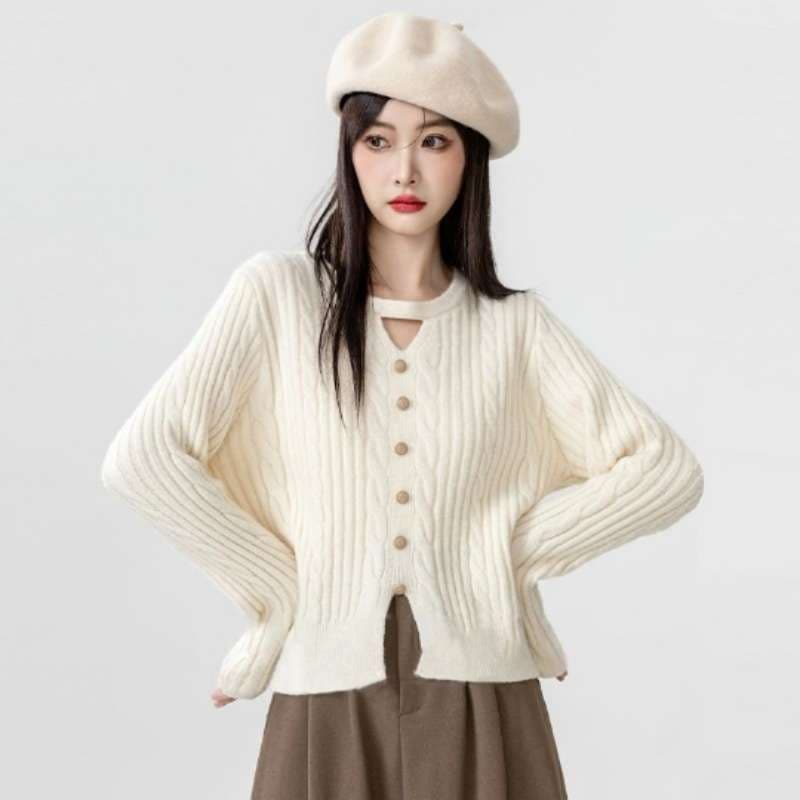 大人かわいい服 カットアウトデザイン リブカーディガン