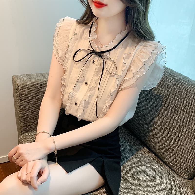 大人かわいい服 フリルリボン シフォンブラウス