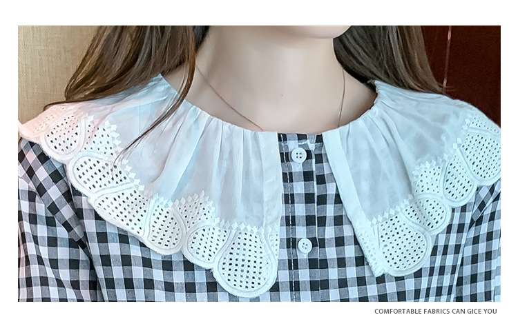 大人かわいい服 上品カジュアル フリルカラーチェックシャツ