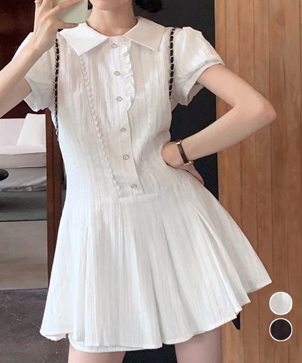 大人かわいい服 プリーツフリル襟ミニワンピース 春夏セット