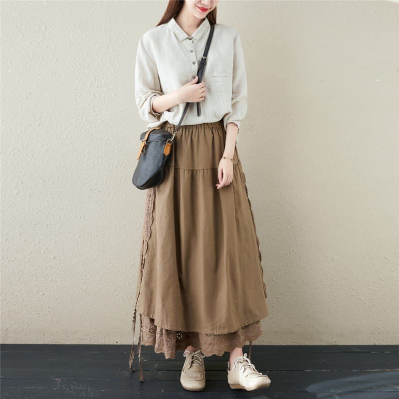 大人かわいい服 裾レースが華やぐ 切替ロングスカート