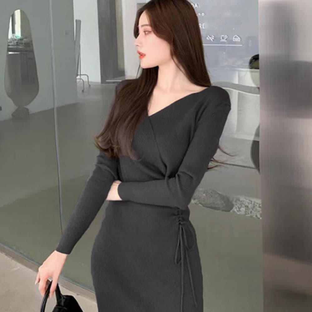 大人かわいい服 カシュクール風リブニットワンピース秋冬
