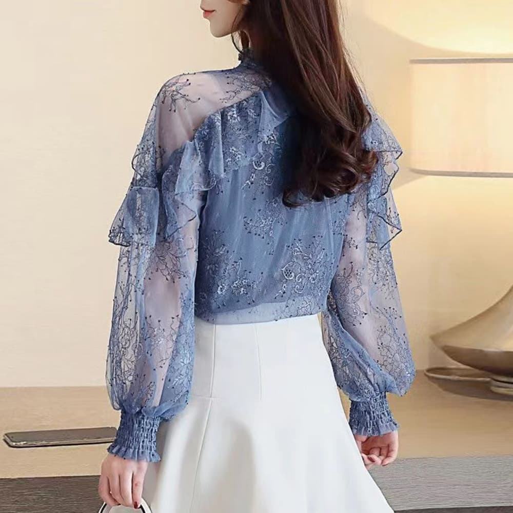 大人かわいい服 花柄シアーレース ハイネックトップス