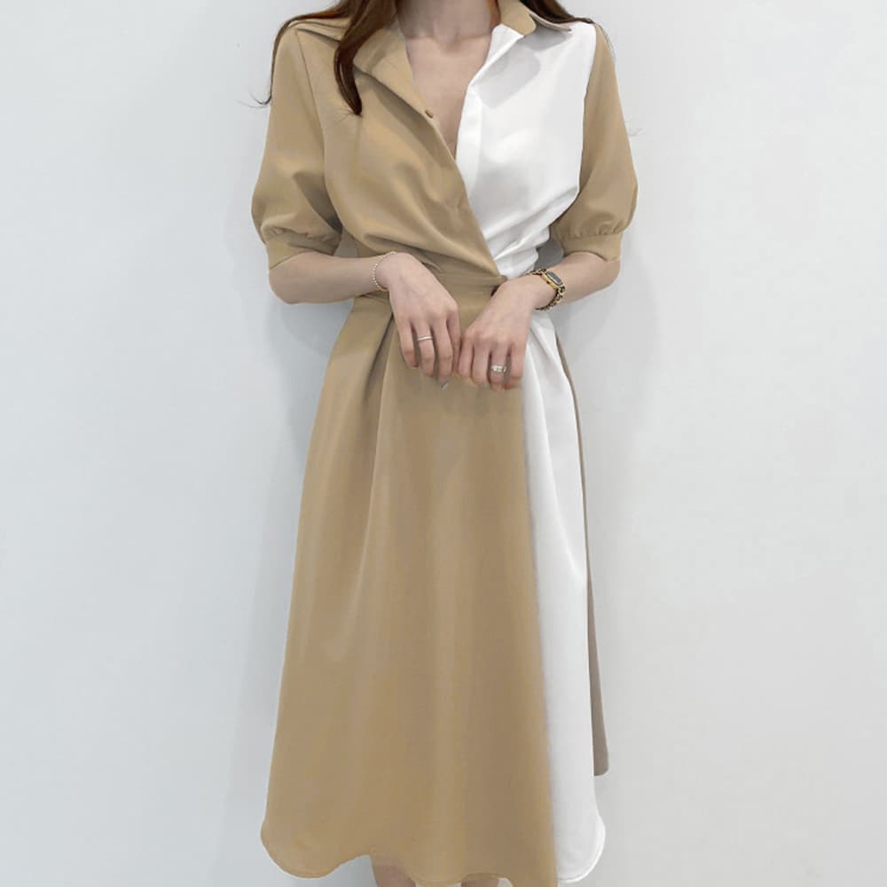 大人かわいい服 バイカラーシャツワンピース ミモレ丈 大人スタイル
