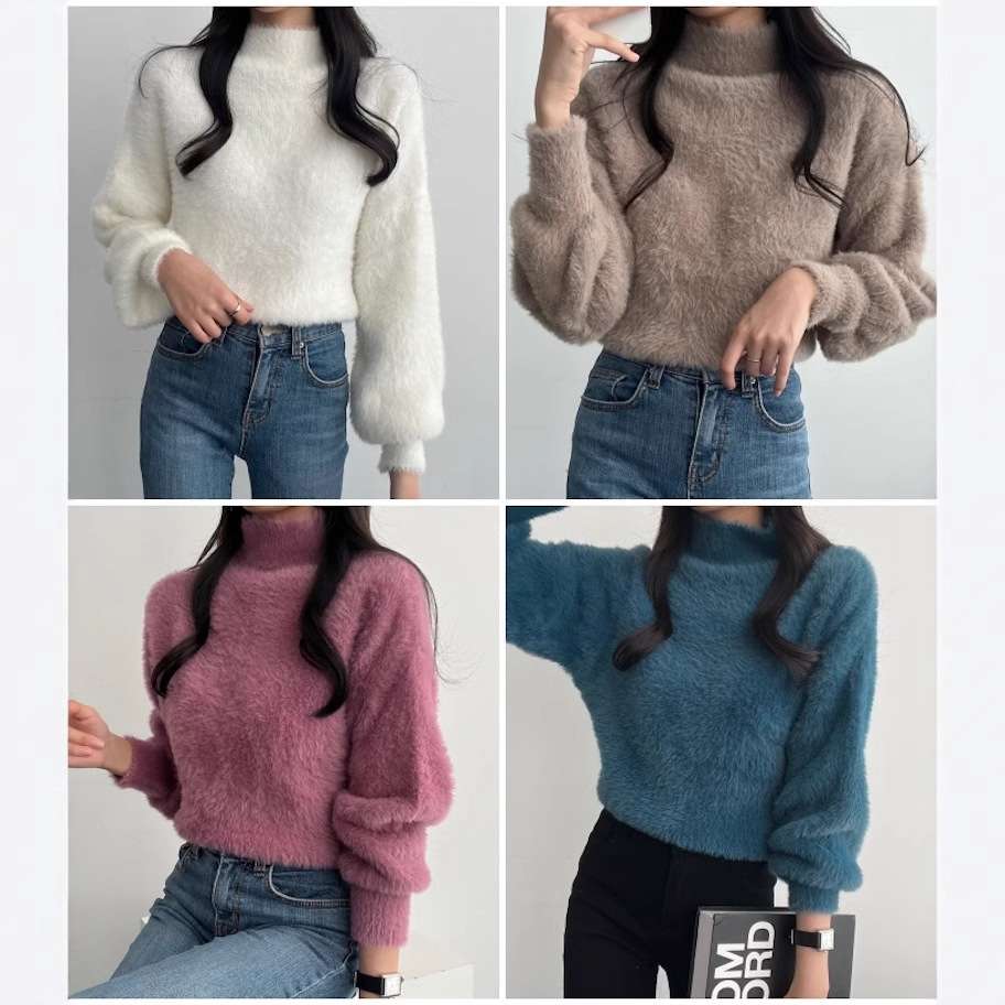 大人かわいい服 ふわふわモコモコ高襟ニットセーター