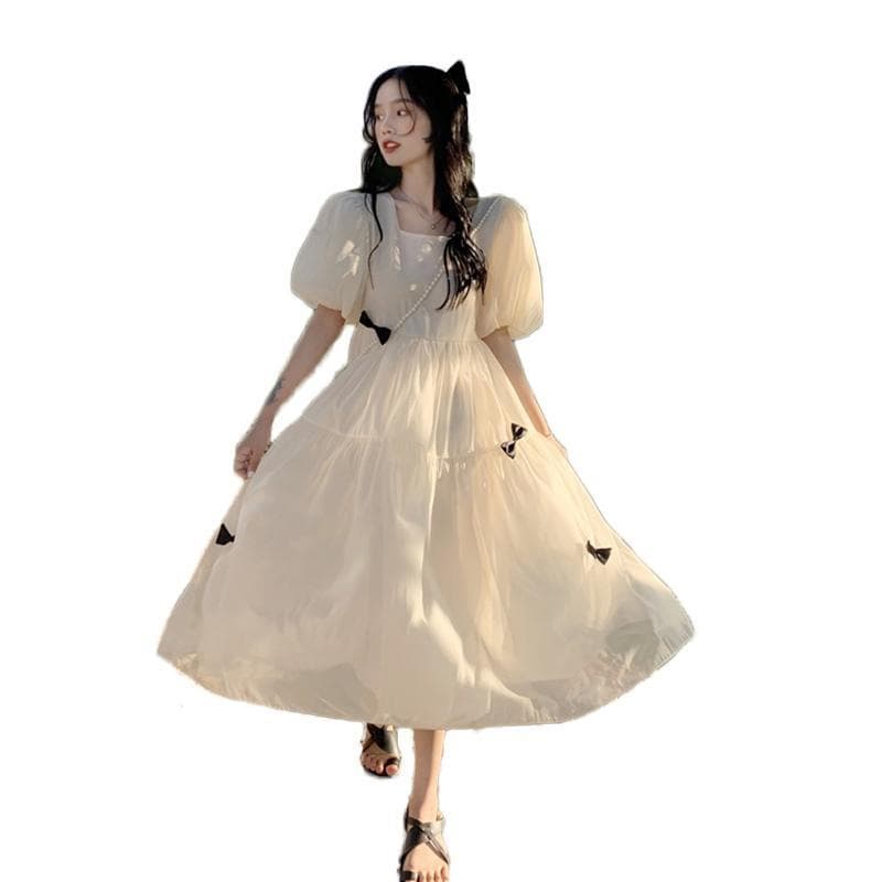 大人かわいい服 森ガールチュールワンピース リボン装飾