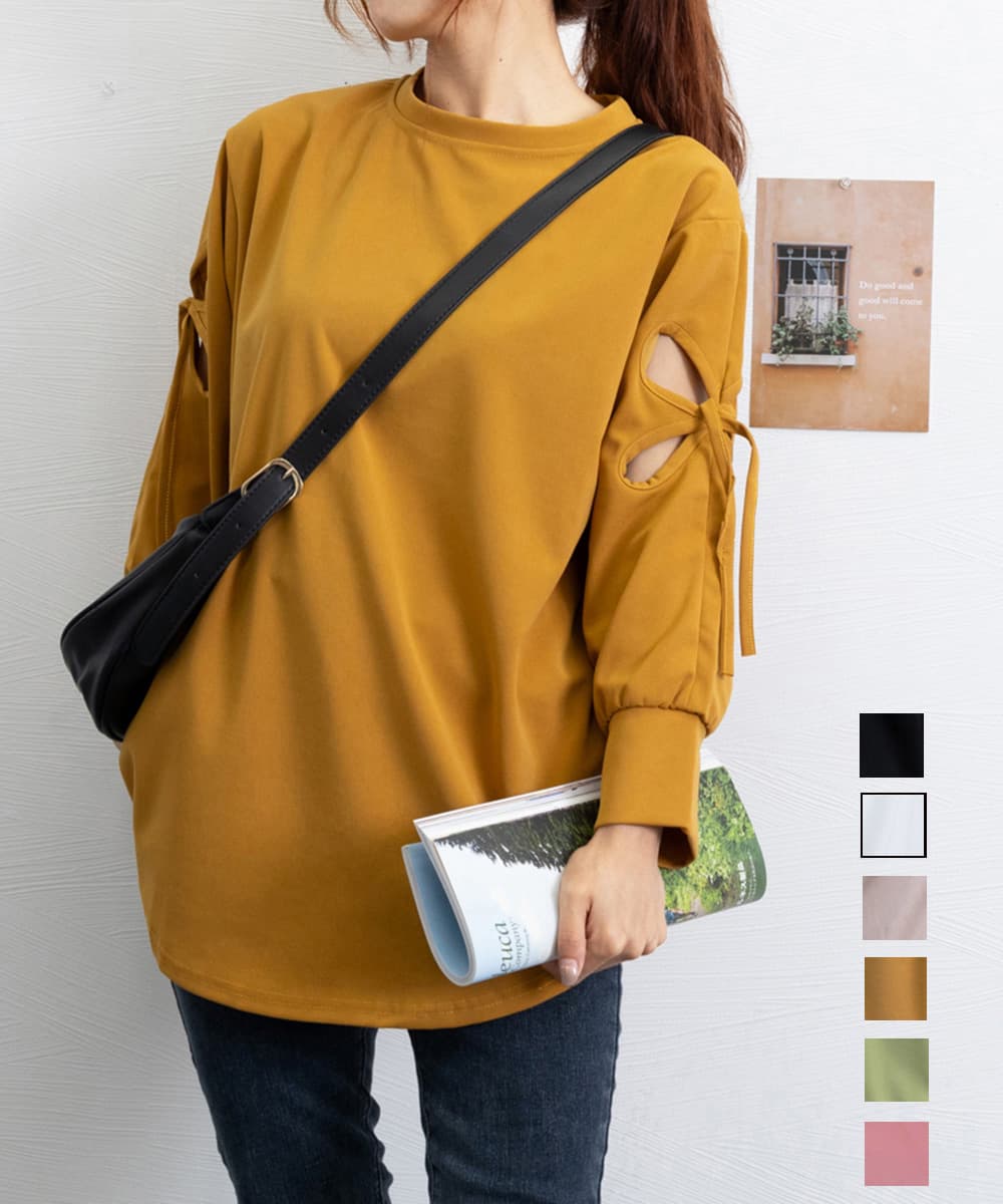 大人かわいい服 袖リボンカットソー ゆったりトップス 体型カバー