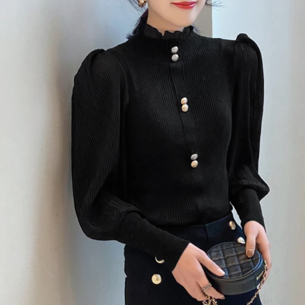 大人かわいい服 フリル襟 パフスリーブ リブニットトップス