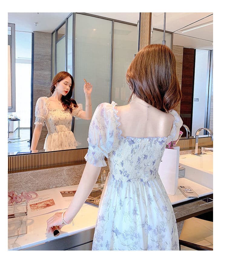 大人かわいい服 花柄刺繍シアーパフスリーブロングワンピース