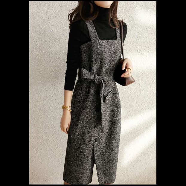 大人かわいい服 上品リボン ツイード風ジャンパースカート