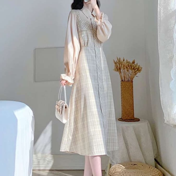 大人かわいい服 ウエスト引き立つ チェックシャツワンピ
