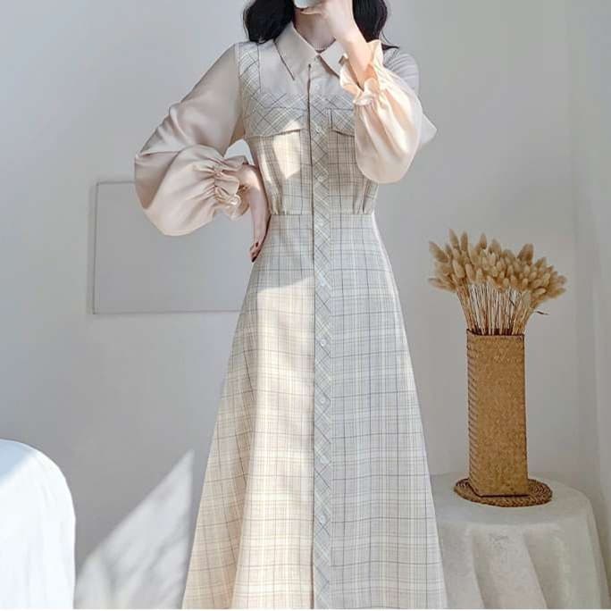 大人かわいい服 ウエスト引き立つ チェックシャツワンピ