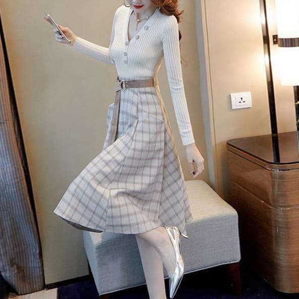 大人かわいい服 リブニットとプリーツスカートの上品セットアップ
