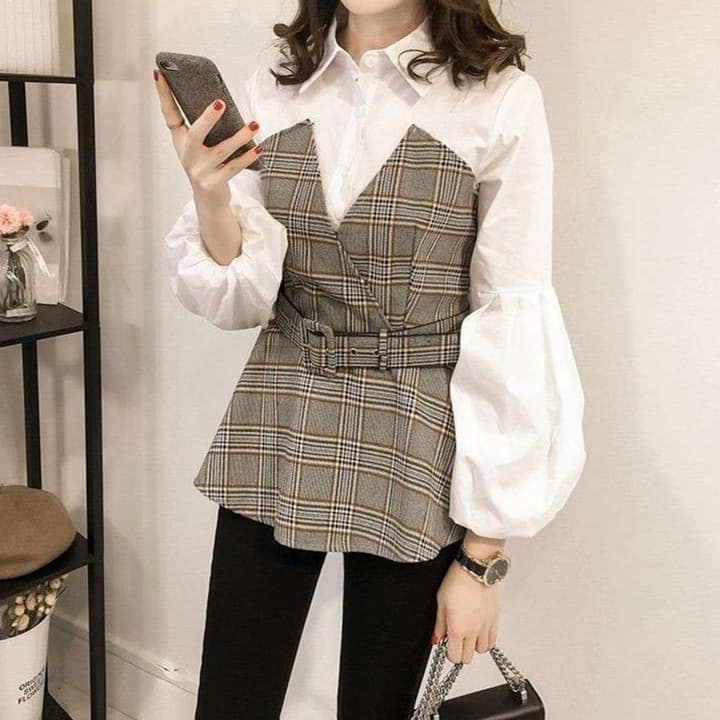 大人かわいい服 チェック柄レイヤードシャツ