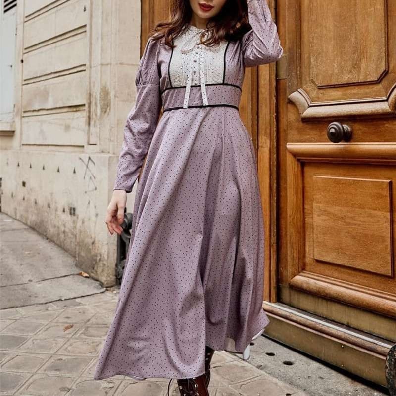 大人かわいい服 上品ドットとパフ袖の甘美シルエットワンピ