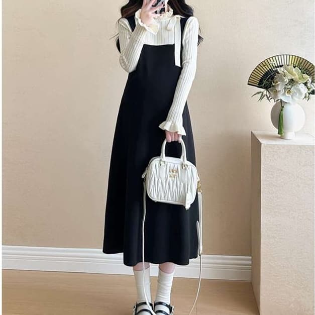 大人かわいい服 レトロモダンなリボン付きレイヤード風ワンピース