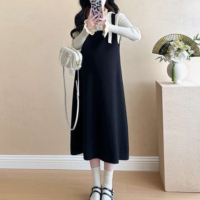 大人かわいい服 レトロモダンなリボン付きレイヤード風ワンピース
