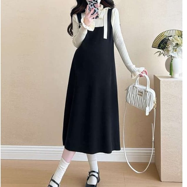 大人かわいい服 レトロモダンなリボン付きレイヤード風ワンピース