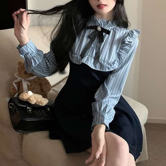 大人かわいい服 フリルカラーレースアップクラシカルワンピース