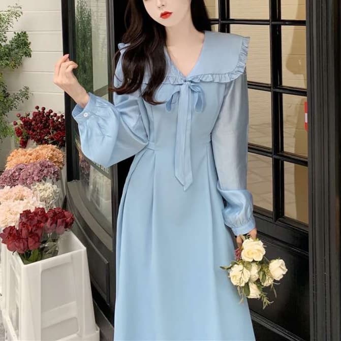 大人かわいい服 フリルカラーリボンワンピース