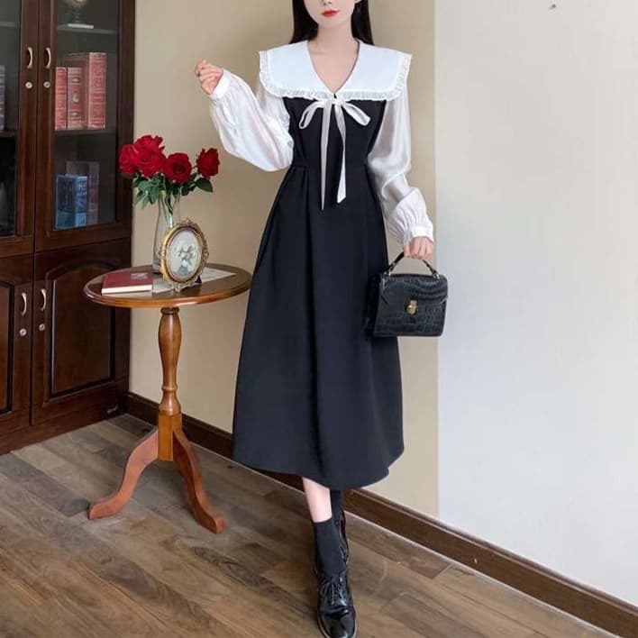 大人かわいい服 フリルカラーリボンワンピース