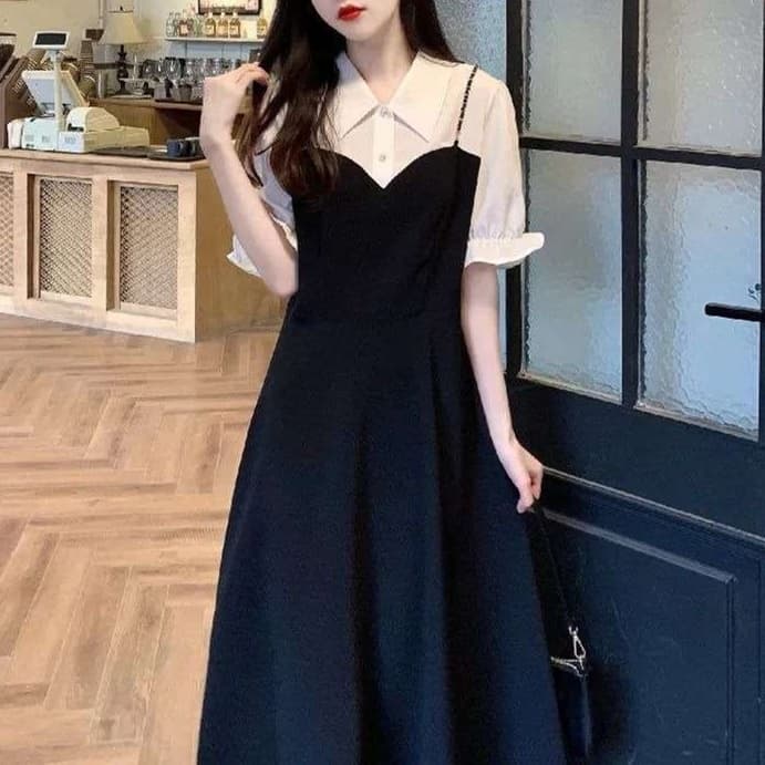 大人かわいい服 レトロモダン レイヤードシャツキャミワンピース