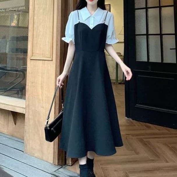 大人かわいい服 レトロモダン レイヤードシャツキャミワンピース