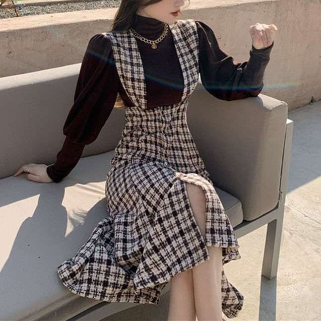 大人かわいい服 チェック柄 シャーリングワンピース